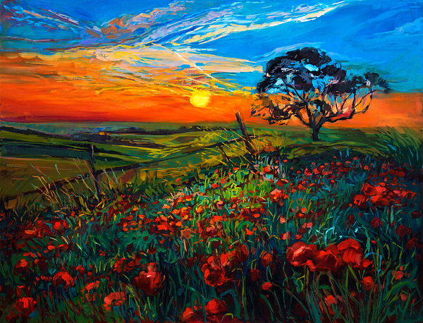 Vibrant Sunset Over Fields - Colorful Landscape Art Print