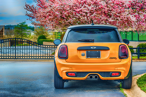 Yellow Mini Cooper S in Springtime