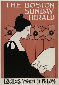 The Boston Sunday Herald 1895–1901 vintage poster of a woman reading a newspaper in art nouveau style by Ethel Reed. 