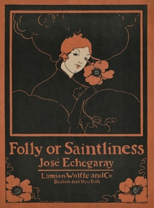 Folly or Saintliness 1895 vintage poster of a woman with flowers by Ethel Reed. 