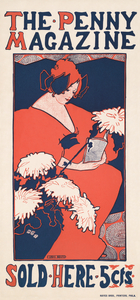 The Penny Magazine 1896 vintage cover of a woman holding a book with chrysanthemum flowers in foreground by Ethel Reed.  by IStockHistory com