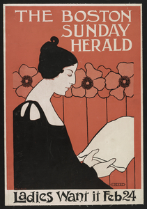 Portrait of a woman reading a newspaper with flowers in the background 1895–1901 print by Ethel Reed.