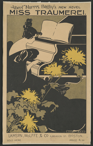 Woman playing piano with art nouveau style chrysanthemum flowers in foreground 1895 print by Ethel Reed.