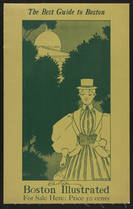 Woman wearing a striped dress with large sleeves a hat and carrying a purse 1898–1900 print by Ethel Reed.
