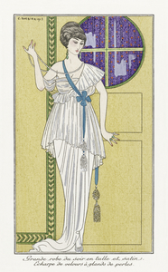 Costumes Parisiens No. 84: Grande robe du soir from Journal des Dames et des Modes 1913 fashion illustration  by George Barbier. 