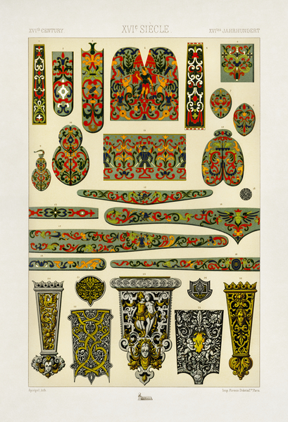 16th Century pattern. 1888 edition Lornement Polychrome by Albert Racine 1825–1893. by IStockHistory com