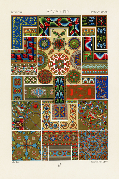 Byzantine pattern. 1888 edition Lornement Polychrome by Albert Racine 1825–1893. by IStockHistory com