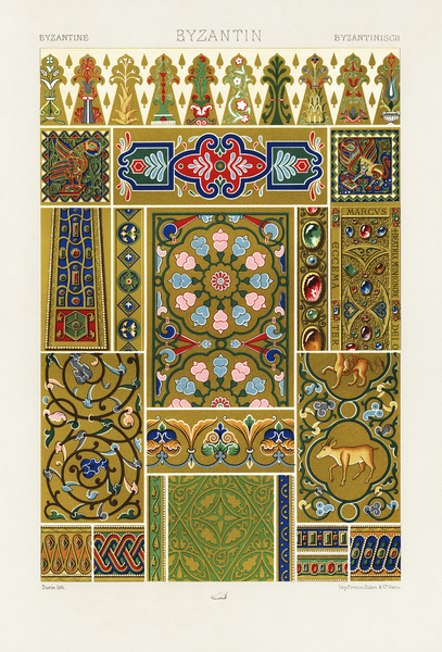 Byzantine pattern. 1888 edition Lornement Polychrome by Albert Racine 1825–1893. by IStockHistory com