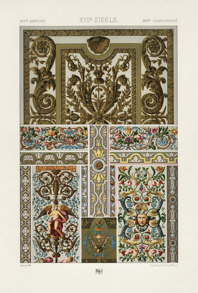 17th Century pattern. 1888 edition Lornement Polychrome by Albert Racine 1825–1893. by IStockHistory com