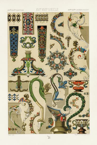 16th and 17th Century pattern. 1888 edition Lornement Polychrome by Albert Racine 1825–1893. by IStockHistory com