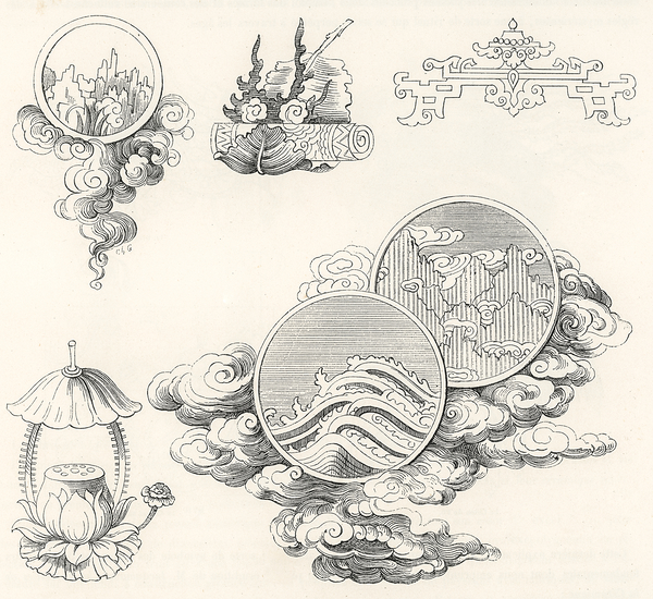 Antique Chinese illustrations. 1888 edition Lornement Polychrome by Albert Racine 1825–1893. by IStockHistory com