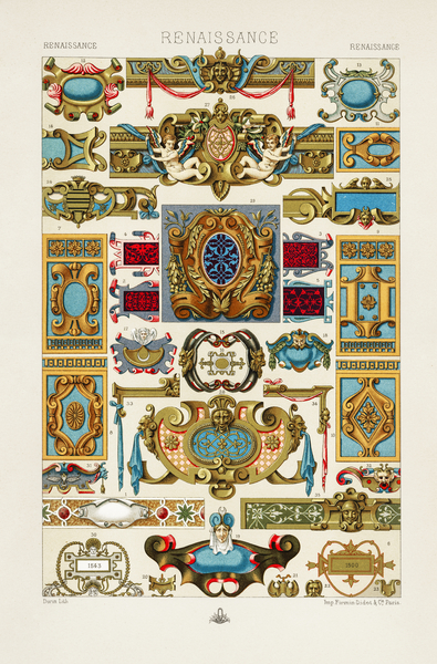Renaissance pattern. 1888 edition Lornement Polychrome by Albert Racine 1825–1893. by IStockHistory com