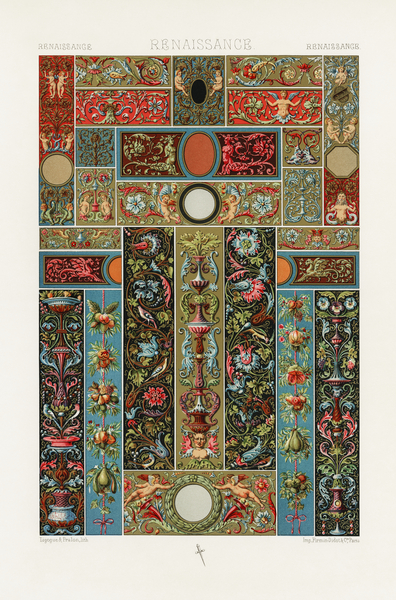 Renaissance pattern. 1888 edition Lornement Polychrome by Albert Racine 1825–1893. by IStockHistory com