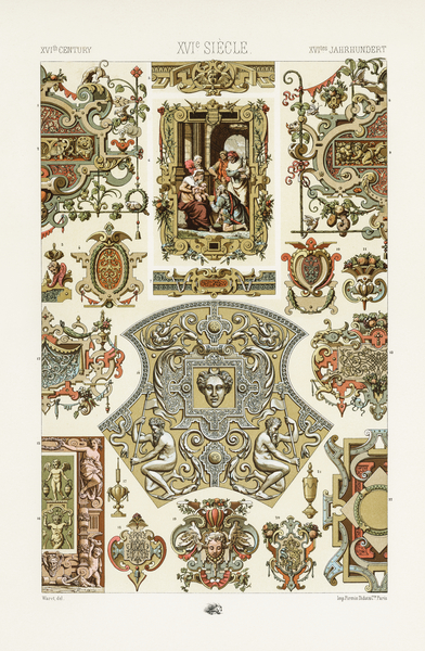 16th Century pattern. 1888 edition Lornement Polychrome by Albert Racine 1825–1893. by IStockHistory com
