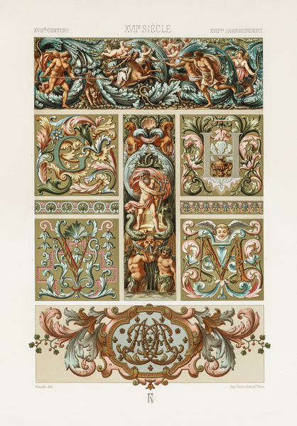 17th Century pattern. 1888 edition Lornement Polychrome by Albert Racine 1825–1893. by IStockHistory com