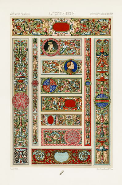 16th and 17th Century pattern. 1888 edition Lornement Polychrome by Albert Racine 1825–1893. by IStockHistory com