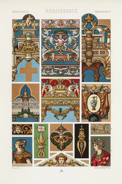 Renaissance pattern. 1888 edition Lornement Polychrome by Albert Racine 1825–1893. by IStockHistory com