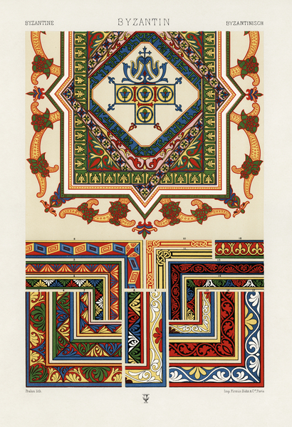 Byzantine pattern. 1888 edition Lornement Polychrome by Albert Racine 1825–1893. by IStockHistory com