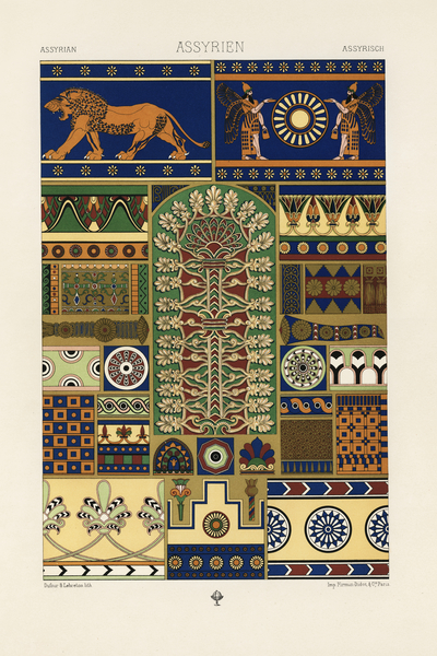 Assyrian pattern. 1888 edition Lornement Polychrome by Albert Racine 1825–1893. by IStockHistory com