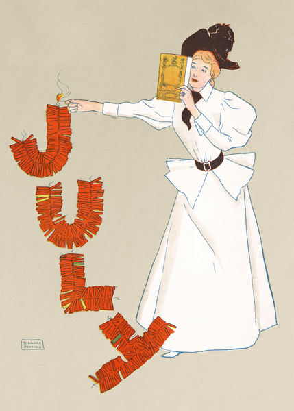 Woman lighting up firecrackers 1894 by Edward Penfield by IStockHistory com