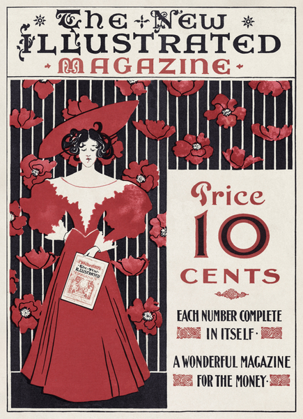 The New Illustrated Magazine 1890–1900 cover of flowers and a fashionably dressed woman holding magazine by Ethel Reed.  by IStockHistory com