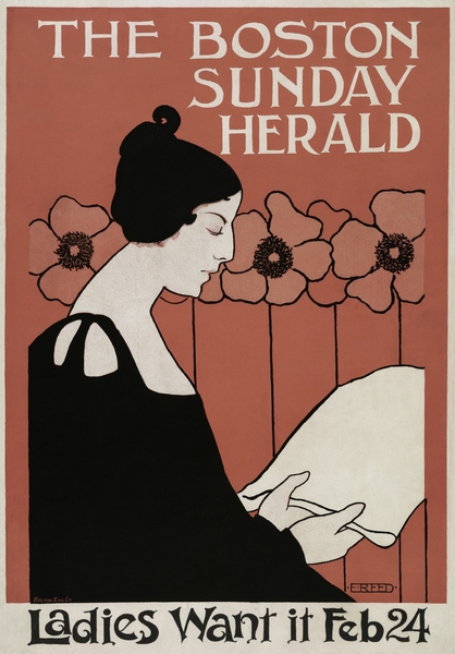 The Boston Sunday Herald 1895–1901 vintage poster of a woman reading a newspaper in art nouveau style by Ethel Reed.  by IStockHistory com