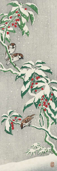 Sparrows on snowy berry bush 1900-1945 by Ohara Koson 1877-1945 by IStockHistory com