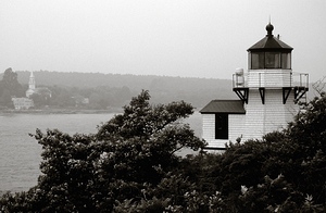 Squirrel Point Light Across Kennebec River from Church in Boothbay Region of Maine - B&W