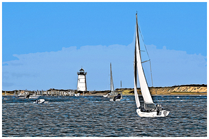 Sailing in Edgartown Harbor by Lighthouse on Marthas Vineyard - Illus.