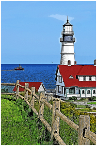 Wooden Fence by Portland Head Lighthouse Guiding Tugboat in Maine - Illus.