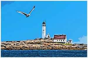 Bird Flies by White Island Lighthouse in Isles of Shoals New Hampshire - Illus.