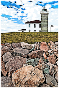 Watch Hill Lighthouse Surrounded by Rocks for Protection in Rhode Island - Illus.