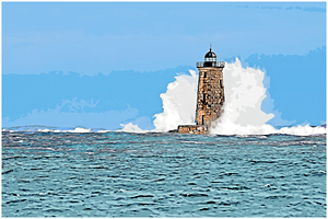 Enormous Wave Surrounds Tower of Whaleback Light in Maine - Illus.