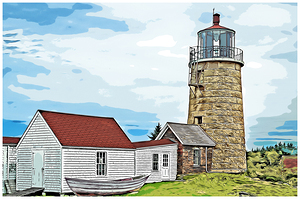 Monhegan Island Lighthouse Stone Tower in Overcast Day in Maine - Illus.