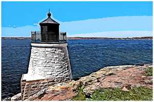 Castle Hill Lighthouse Overlooking Narragansett Bay in Rhode Island - Illus.