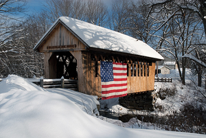 Patriotic Covered Bridge with American Flag in New Hampshire Winter