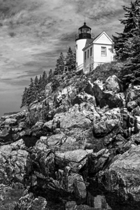 Bass Harbor Light Over Cliffs at Acadia National Park in Maine - B&W