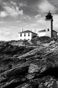 Beavertail Lighthouse on Unique Rock Formations in Rhode Island - B&W