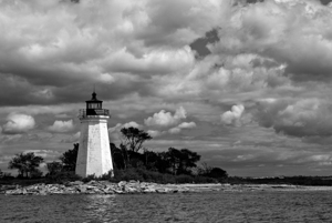 Sunlit Black Rock Harbor Lighthouse in Bridgeport Connecticut -B&W