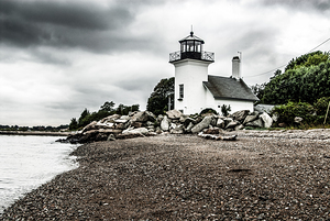 Bristol Ferry Lighthouse Protected with Boulders on Narragansett Bay - B&W