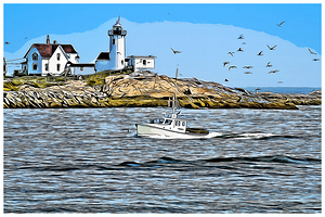 Eastern Point Lighthouse Guides Lobster Boat in Massachusetts - Illus.