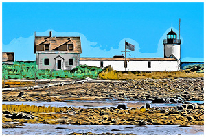 Cape Porpoise Lighthouse At Low Tide in Maine - Illus.