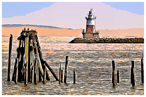 Greens Ledge Lighthouse by Old Dock in Connecticut - Illus.