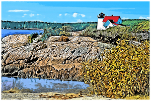 Rocky Shore Near Hendricks Head Lighthouse in Maine - Illus.
