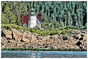 Little River Lighthouse Surrounded by Evergreens in Northern Maine - Illus.