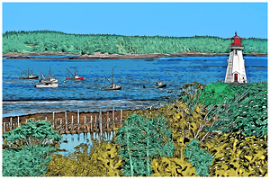 Mullholland Lighthouse Overlooks Fishing Boats in Canadian Harbor - Illus.