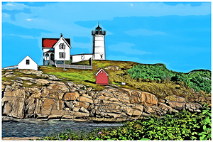 Nubble Cape Neddick Lighthouse on Rocky Island in Maine - Illus.