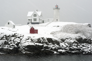 Nubble Cape Neddick Lighthouse in Snowstorm in Maine - B&W