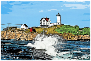 Wave Breaks By Cape Neddick Lighthouse in Maine -Illus.