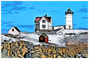 Snow Covered Nubble Lighthouse During Holidays in Maine - Illus.